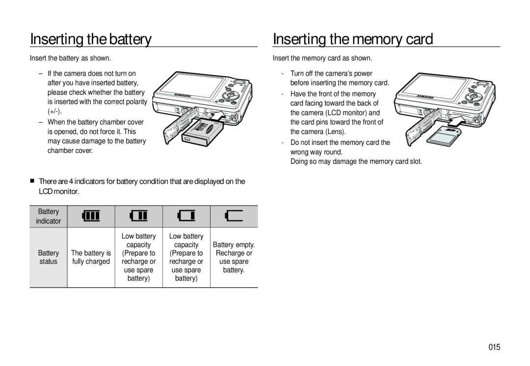 Samsung EC-L310WSBA/E1, EC-L310WNBA/FR, EC-L310WBBA/FR manual Inserting the battery, Inserting the memory card, 015, Battery 