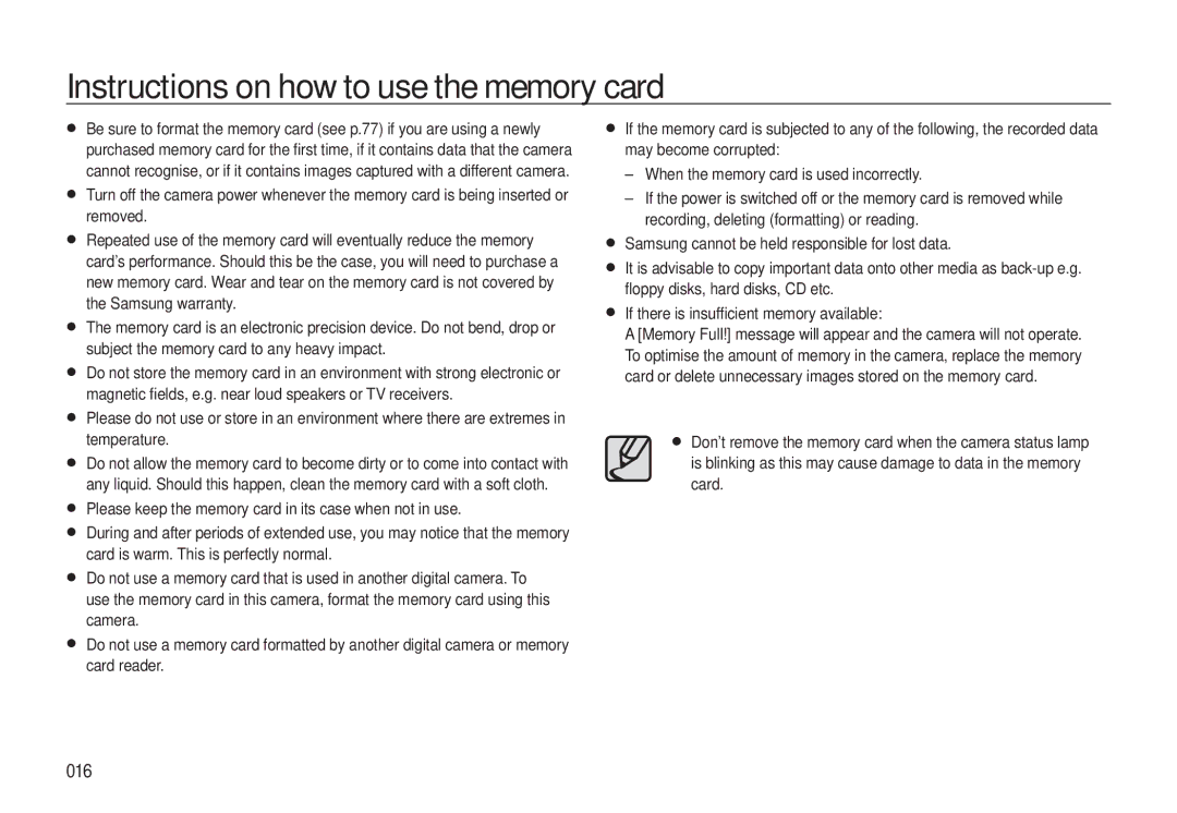 Samsung EC-L310WBBA/AS, EC-L310WNBA/FR, EC-L310WBBA/FR, EC-L310WSBA/FR manual Instructions on how to use the memory card, 016 