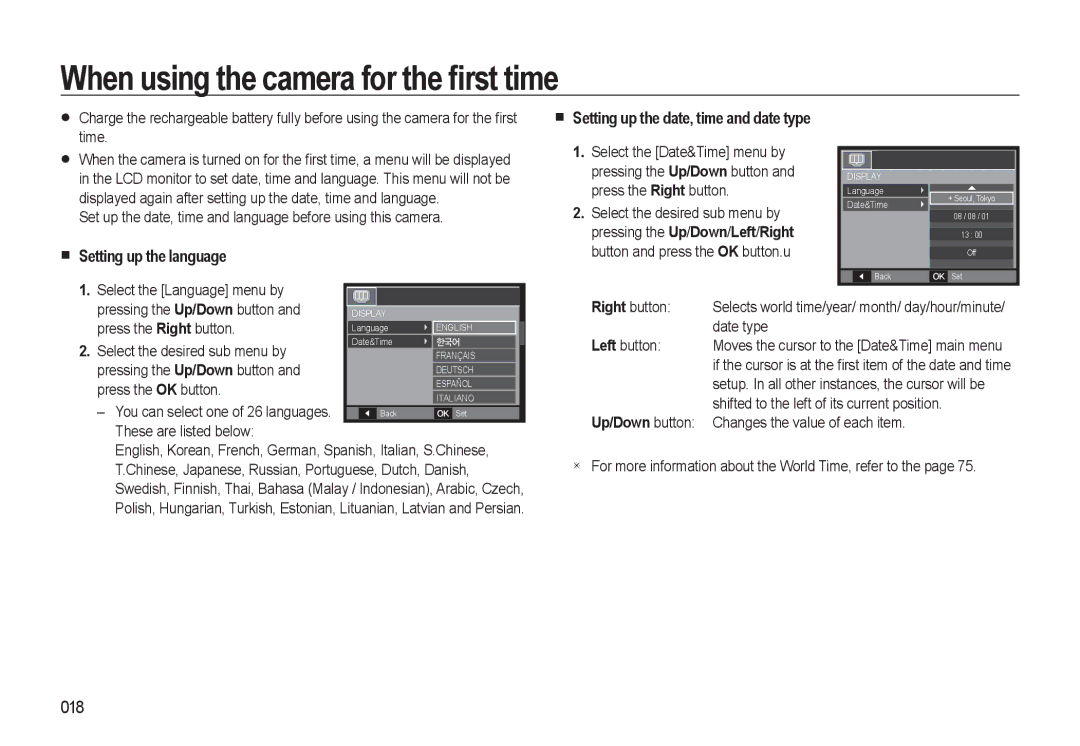 Samsung EC-L310WBDA/AS manual When using the camera for the ﬁrst time, Setting up the language, 018, Up/Down button 