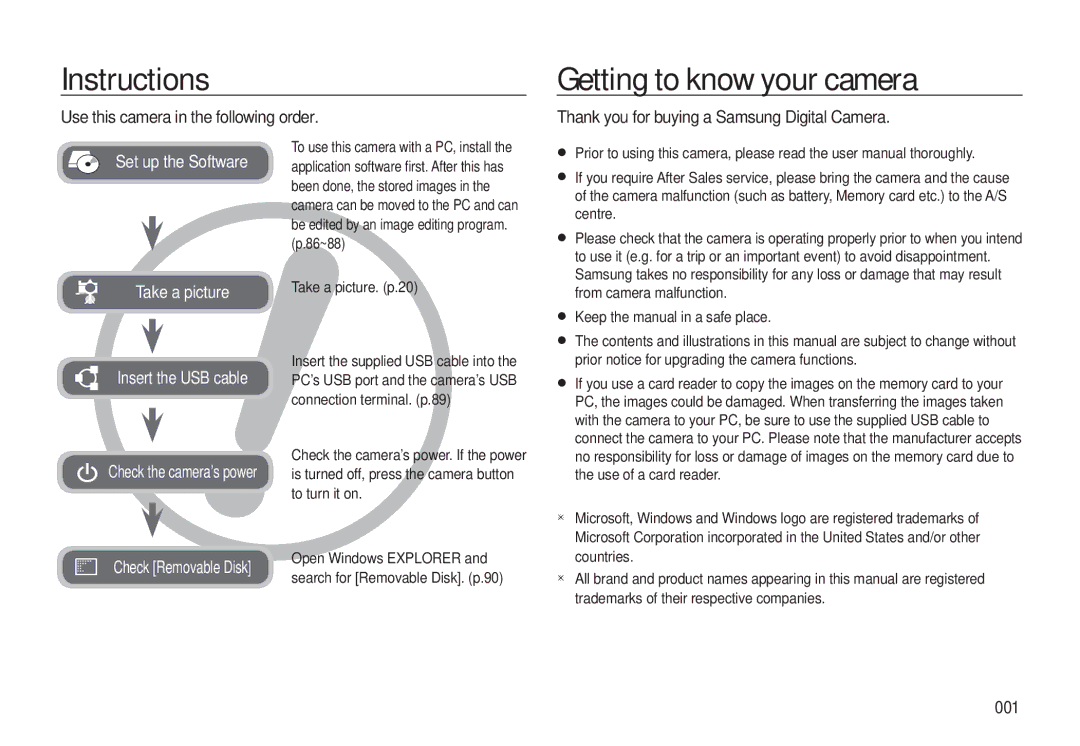 Samsung EC-L310WSBA/FR manual Instructions, Getting to know your camera, Use this camera in the following order, 001 