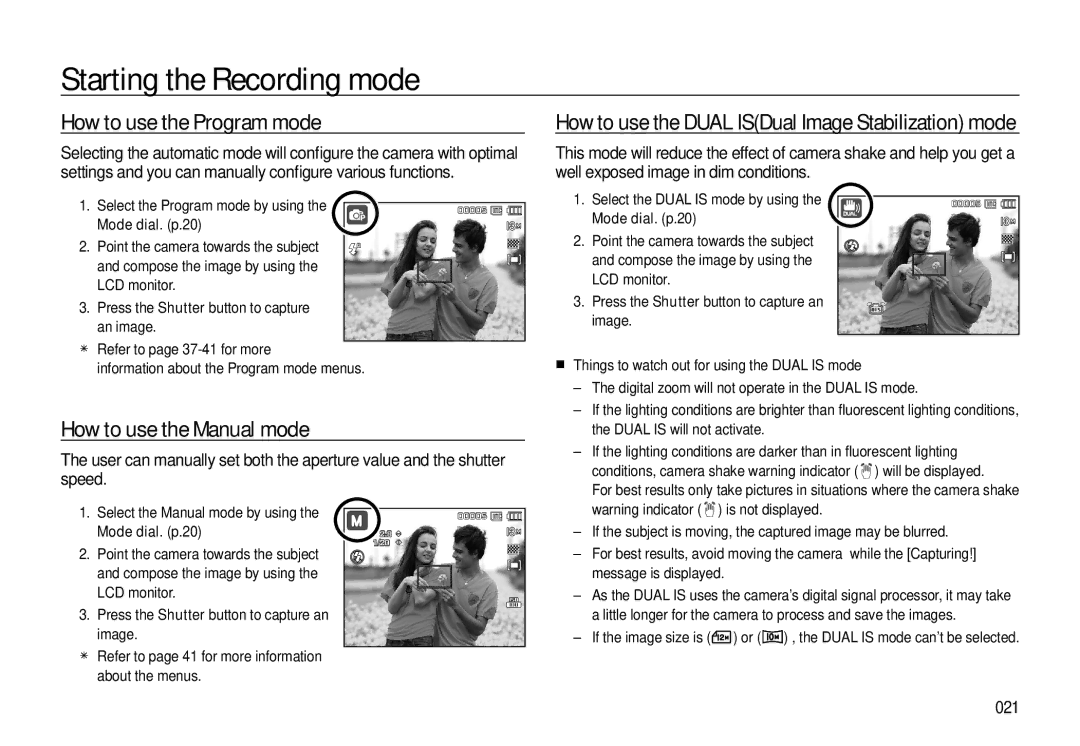 Samsung EC-L310WNBA/VN, EC-L310WNBA/FR, EC-L310WBBA/FR manual How to use the Program mode, How to use the Manual mode, 021 