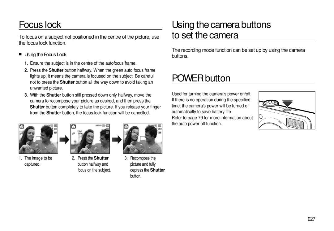 Samsung EC-L310WPBA/E3, EC-L310WNBA/FR, EC-L310WBBA/FR manual Focus lock, Power button, Using the Focus Lock, 027, Button 