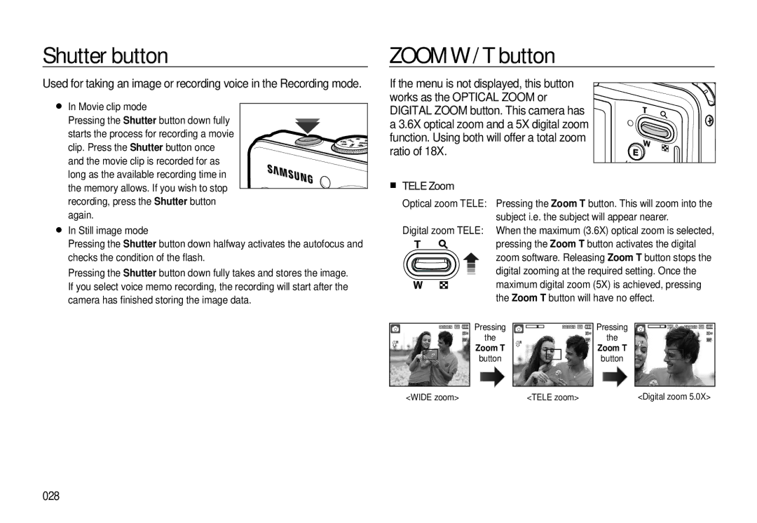 Samsung EC-L310WNBA/E3 manual Shutter button, Zoom W / T button, Tele Zoom, 028, Long as the available recording time 