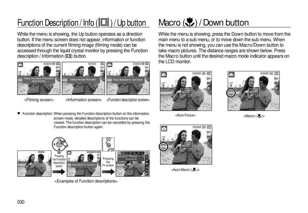 Samsung EC-L310WSDA/E3, EC-L310WNBA/FR manual Macro / Down button, 030, Filming screen, Examples of Function descriptions 