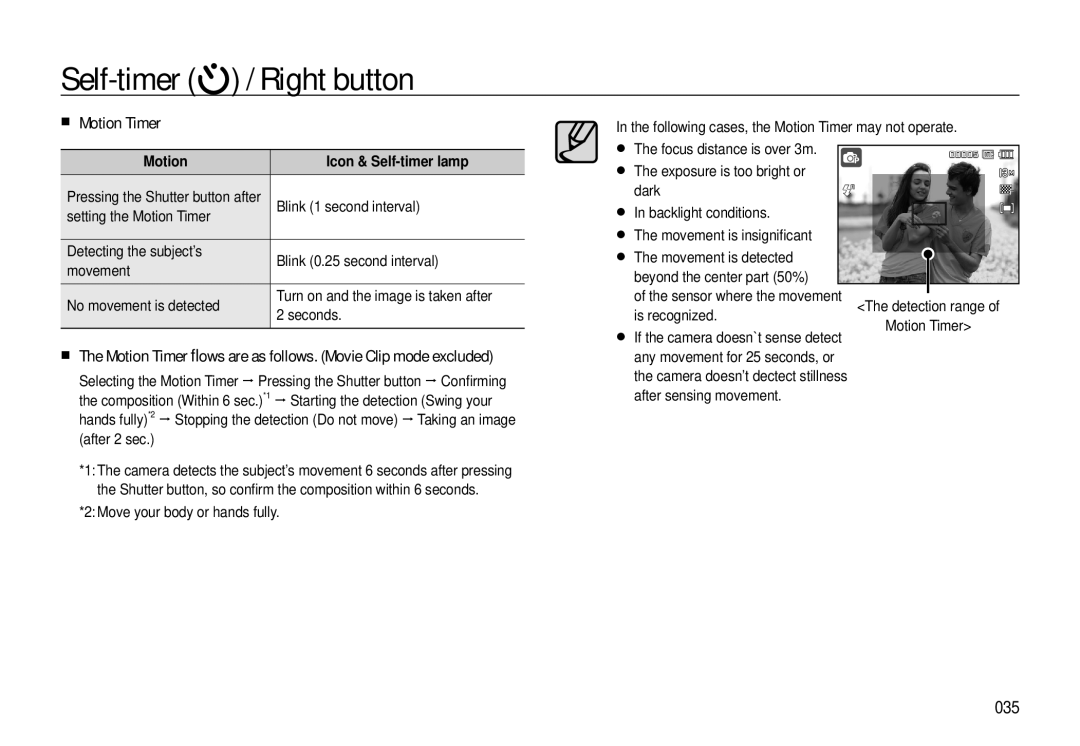 Samsung EC-L310WPBA/E2 Motion Timer ﬂows are as follows. Movie Clip mode excluded, 035, Motion Icon & Self-timer lamp 