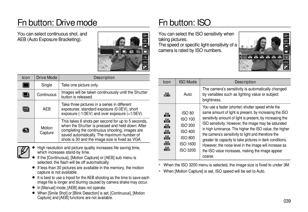 Samsung EC-L310WBBA/E1, EC-L310WNBA/FR, EC-L310WBBA/FR, EC-L310WSBA/FR manual Fn button ISO, AEB Auto Exposure Bracketing, 039 