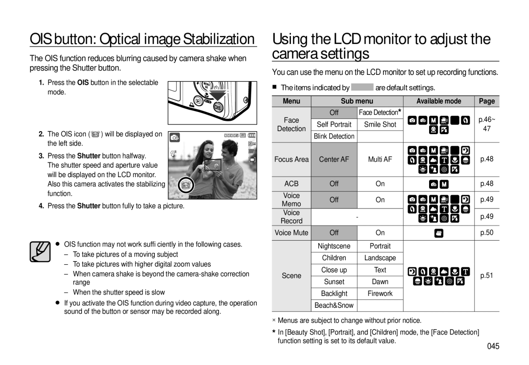 Samsung EC-L310WSBA/IT Using the LCD monitor to adjust the camera settings, Items indicated by are default settings, 045 