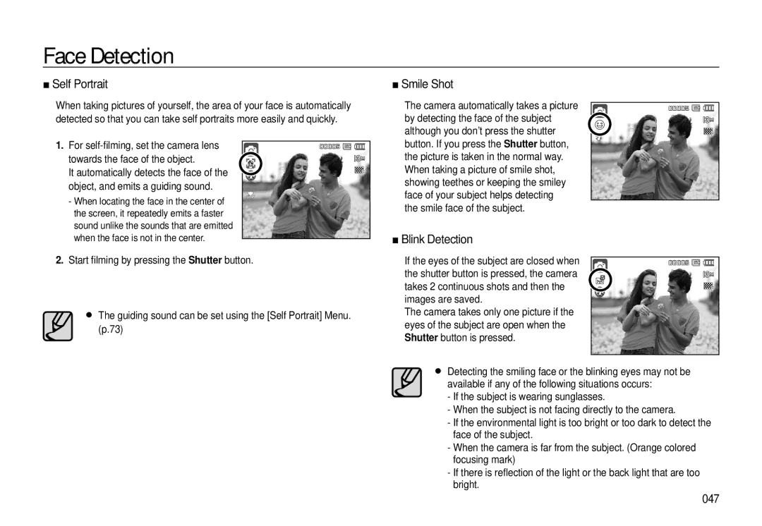 Samsung EC-L310WPBC/IT, EC-L310WNBA/FR, EC-L310WBBA/FR, EC-L310WSBA/FR manual Self Portrait, Smile Shot, Blink Detection, 047 