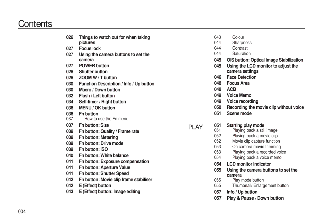 Samsung EC-L310WSBA/IT, EC-L310WNBA/FR manual 004, How to use the Fn menu, Colour 044 Sharpness Contrast Saturation 