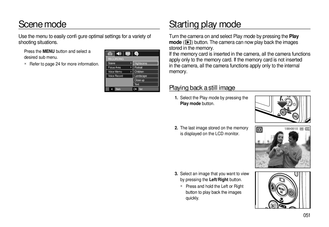 Samsung EC-L310WSBC/IT, EC-L310WNBA/FR, EC-L310WBBA/FR manual Scene mode, Starting play mode, Playing back a still image, 051 