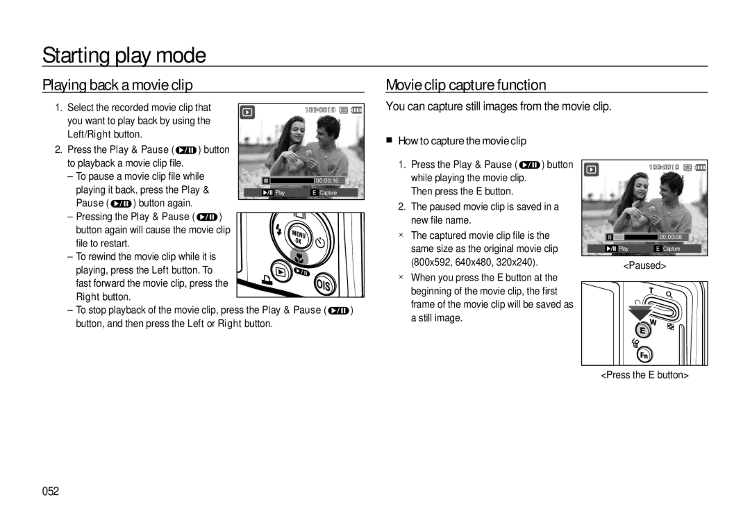 Samsung EC-L310WBBC/IT manual Playing back a movie clip, Movie clip capture function, How to capture the movie clip, 052 