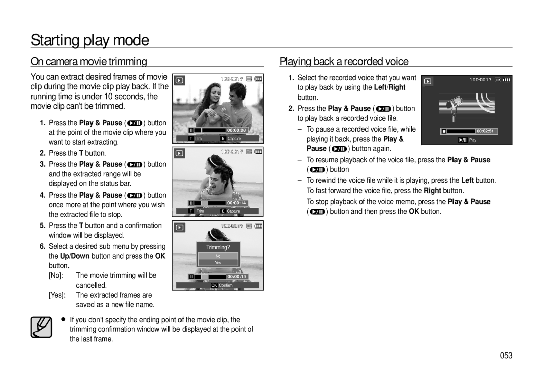 Samsung EC-L310WBBB/IT, EC-L310WNBA/FR, EC-L310WBBA/FR manual On camera movie trimming Playing back a recorded voice, 053 