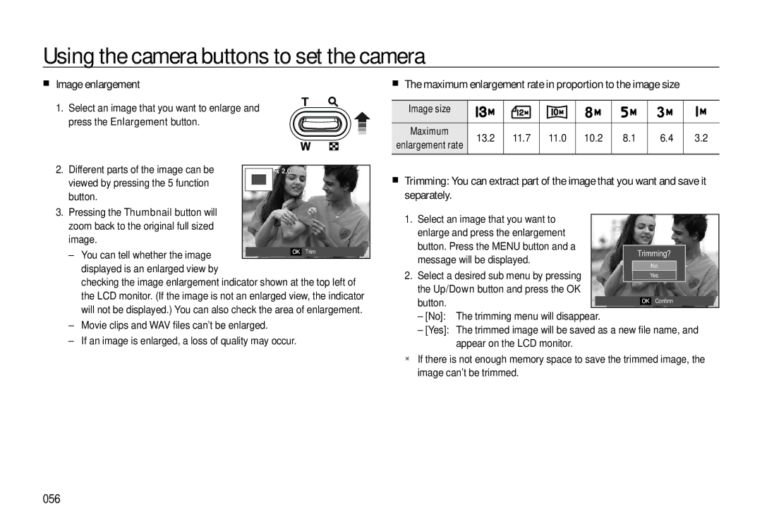 Samsung EC-L310WSBA/E1 manual Image enlargement, Maximum enlargement rate in proportion to the image size, 056, Image size 