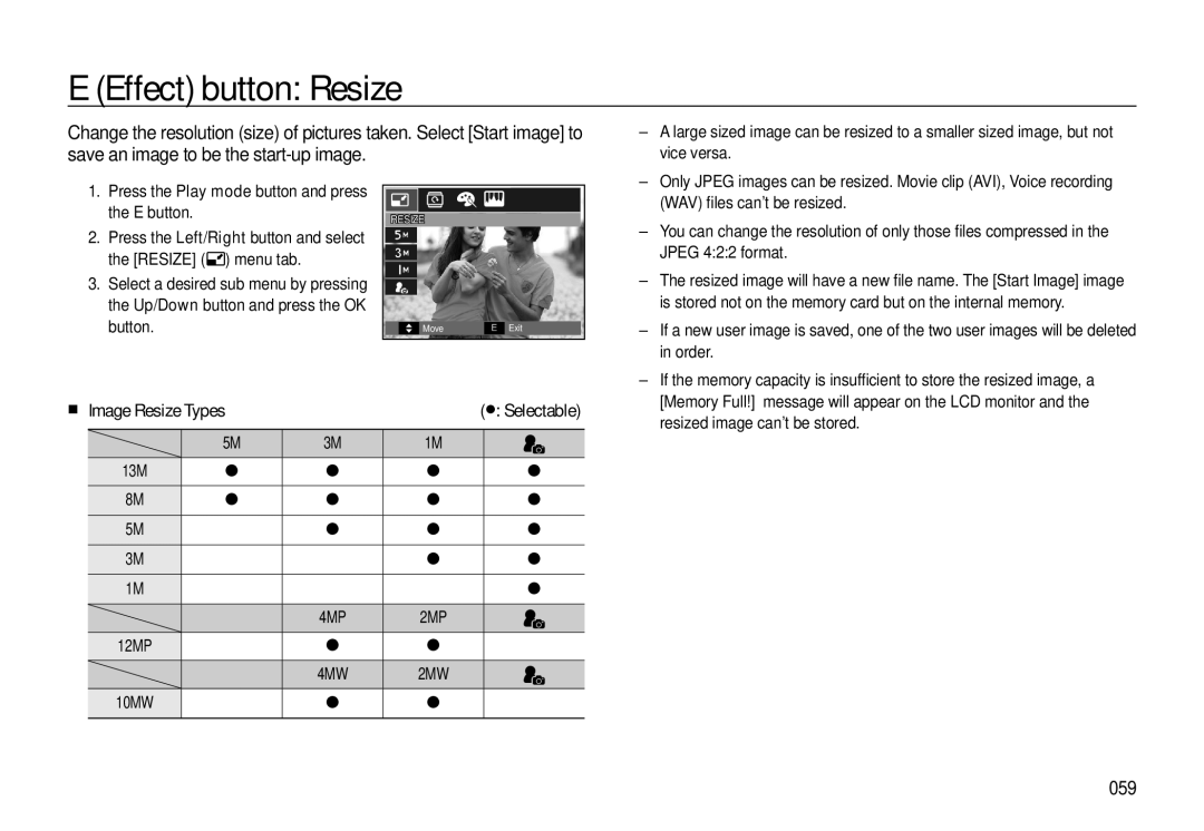 Samsung EC-L310WBDA/AS, EC-L310WNBA/FR, EC-L310WBBA/FR, EC-L310WSBA/FR Effect button Resize, Image Resize Types, 059, 13M 