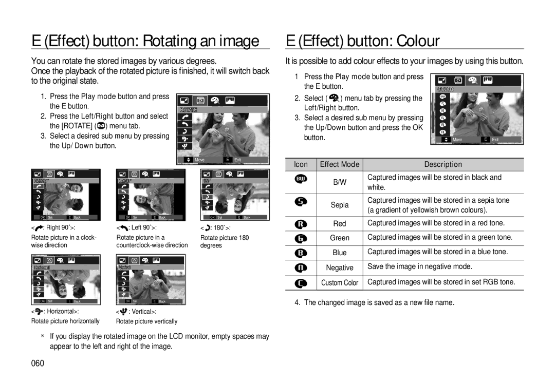 Samsung EC-L310WSDA/AS, EC-L310WNBA/FR, EC-L310WBBA/FR manual Effect button Rotating an image, Effect button Colour, 060 