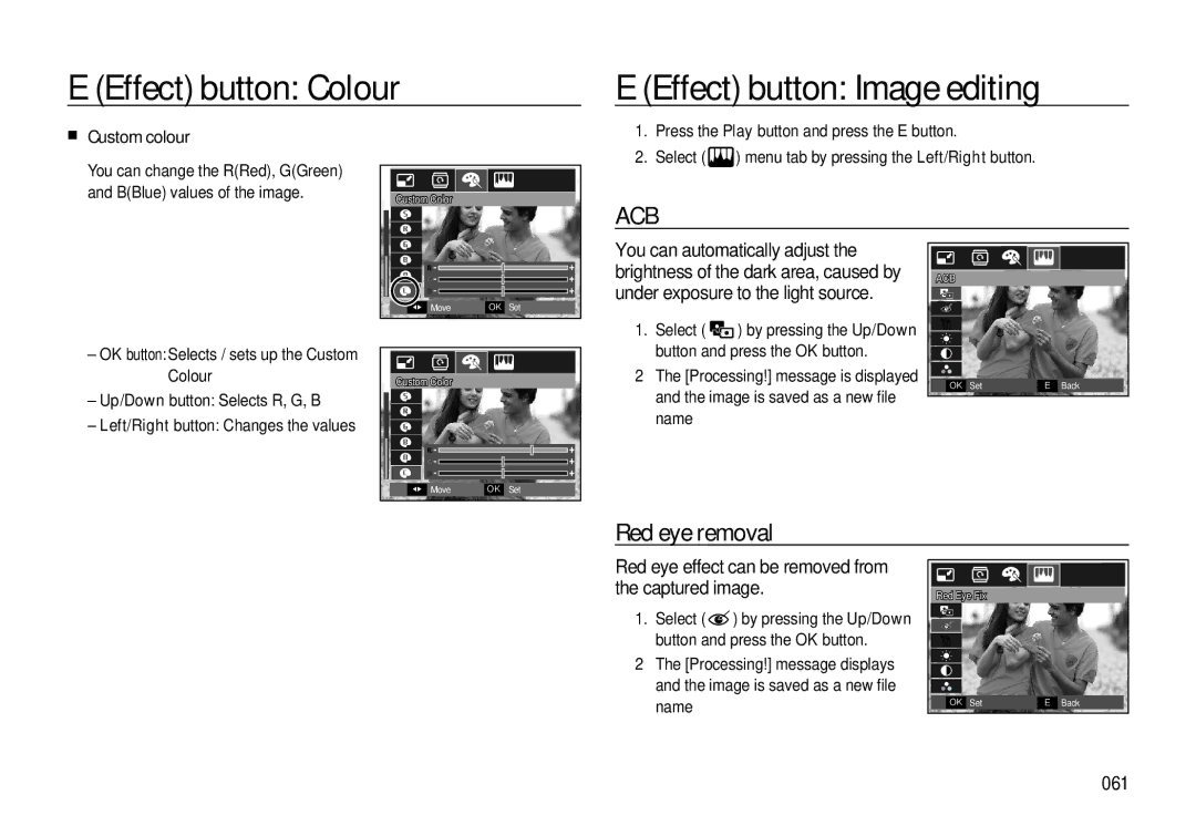 Samsung EC-L310WNDA/AS manual Effect button Colour Effect button Image editing, Red eye removal, Custom colour, 061 