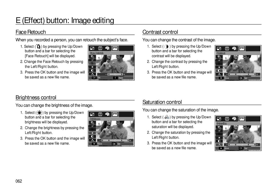 Samsung EC-L310WNBA/VN, EC-L310WNBA/FR manual Face Retouch, Contrast control, Brightness control, Saturation control 