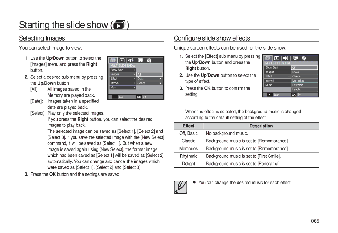 Samsung EC-L310WBBA/VN, EC-L310WNBA/FR Selecting Images, Conﬁgure slide show effects, You can select image to view, 065 