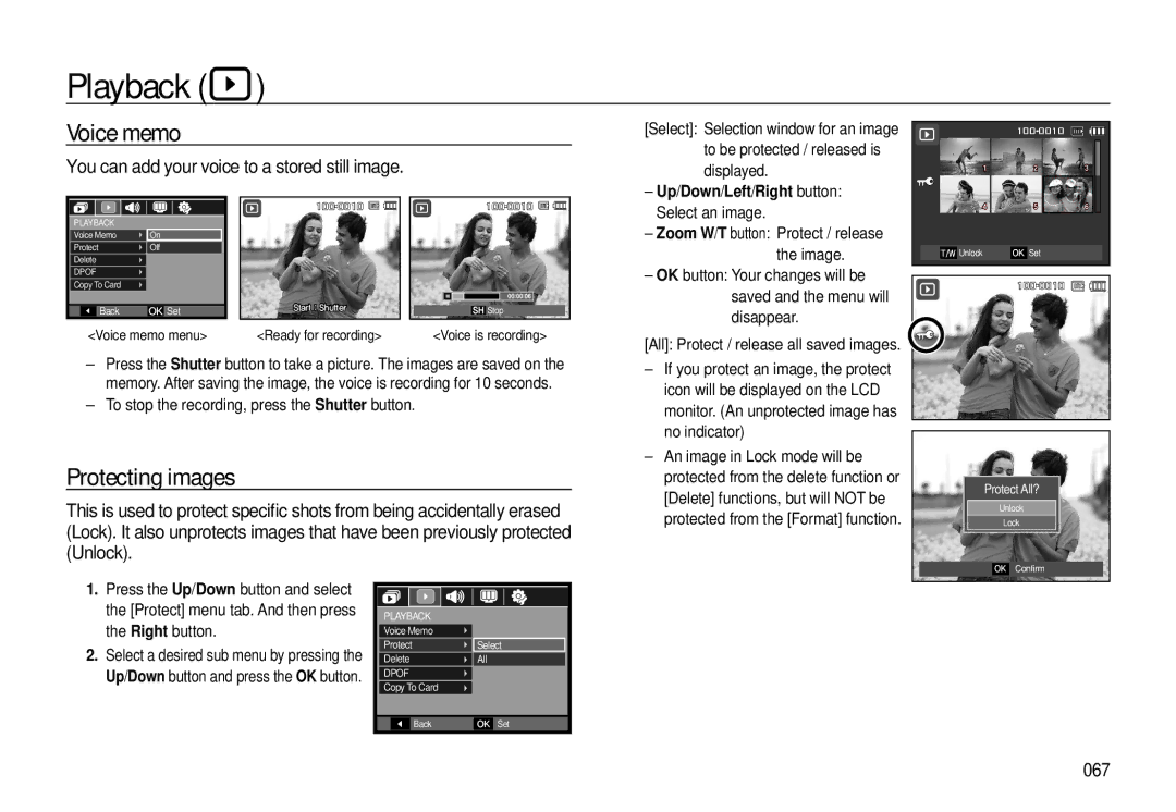 Samsung EC-L310WBBA/E3 manual Playback, Voice memo, Protecting images, You can add your voice to a stored still image, 067 