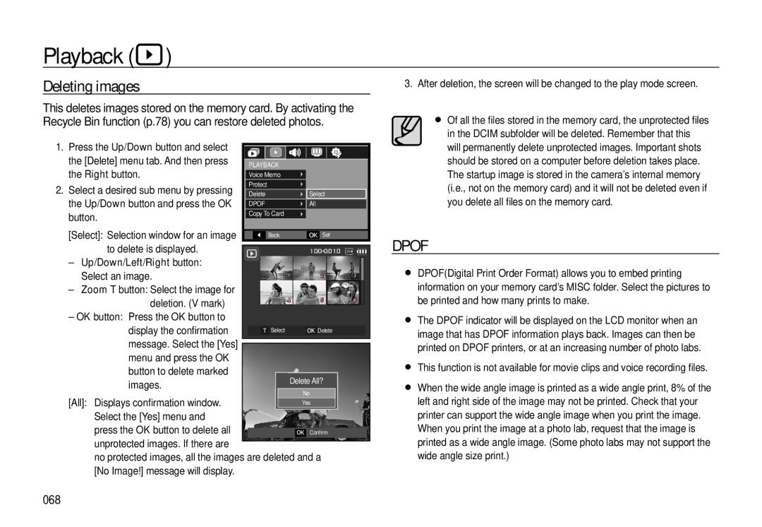 Samsung EC-L310WPBA/E3, EC-L310WNBA/FR, EC-L310WBBA/FR, EC-L310WSBA/FR manual Deleting images, 068, To delete is displayed 