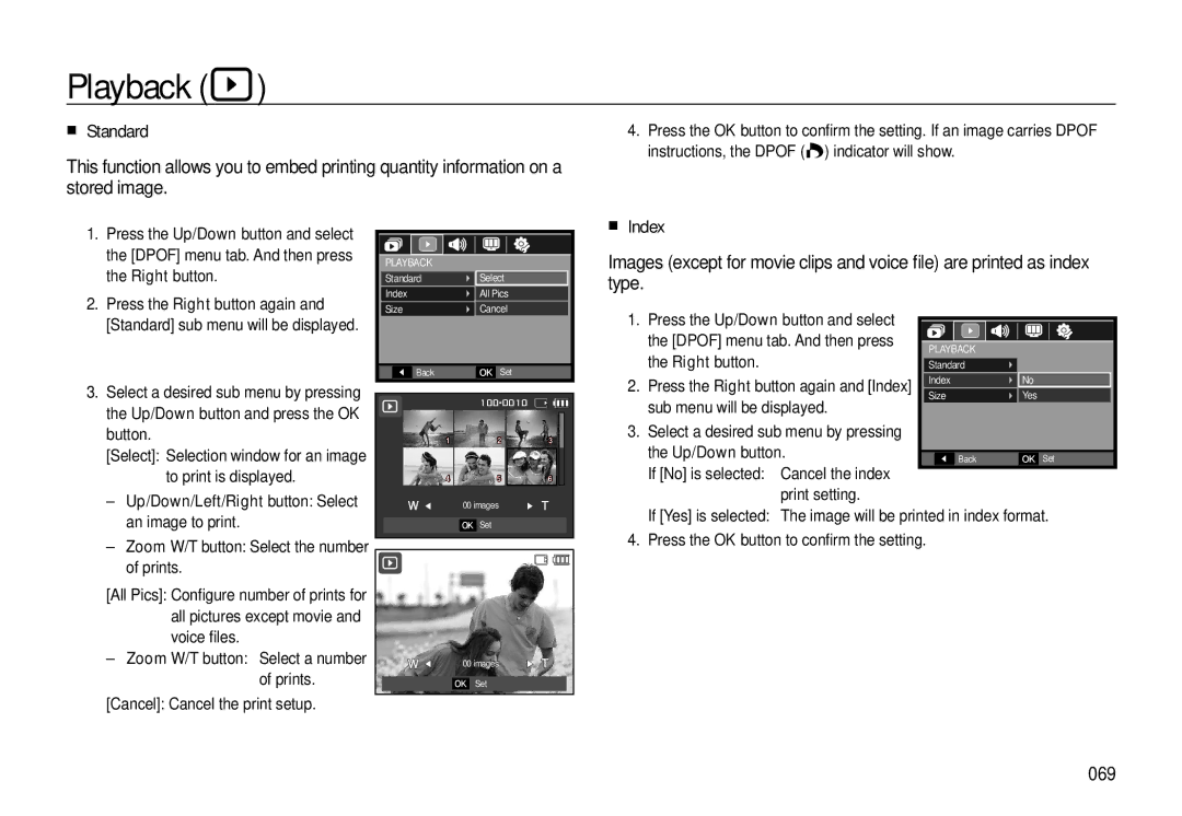 Samsung EC-L310WNBA/E3, EC-L310WNBA/FR manual Standard, Index, 069, Up/Down/Left/Right button Select an image to print 