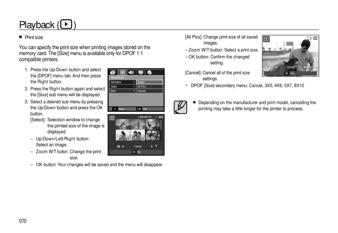 Samsung EC-L310WSBA/E3, EC-L310WNBA/FR, EC-L310WBBA/FR, EC-L310WSBA/FR manual Print size, 070, Up/Down/Left/Right button 