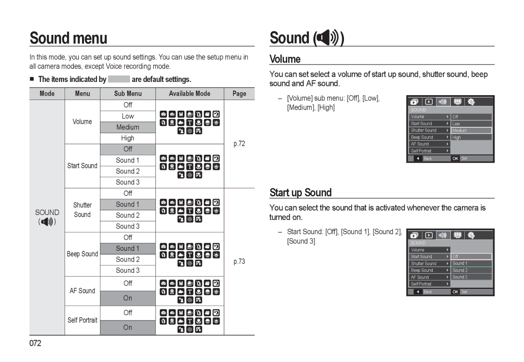 Samsung EC-L310WSBA/E2, EC-L310WNBA/FR, EC-L310WBBA/FR, EC-L310WSBA/FR, EC-L310WPBA/FR Sound menu, Volume, Start up Sound 