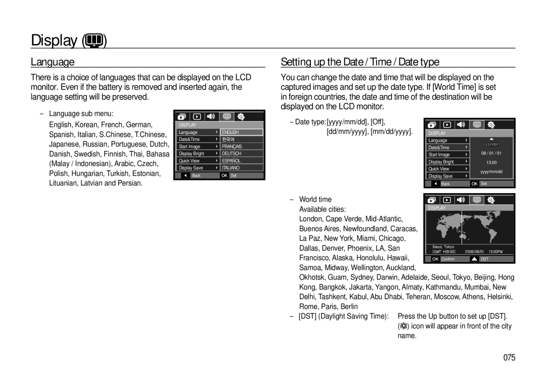 Samsung EC-L310WNBA/E2, EC-L310WNBA/FR, EC-L310WBBA/FR manual Display, Language, Setting up the Date / Time / Date type, 075 