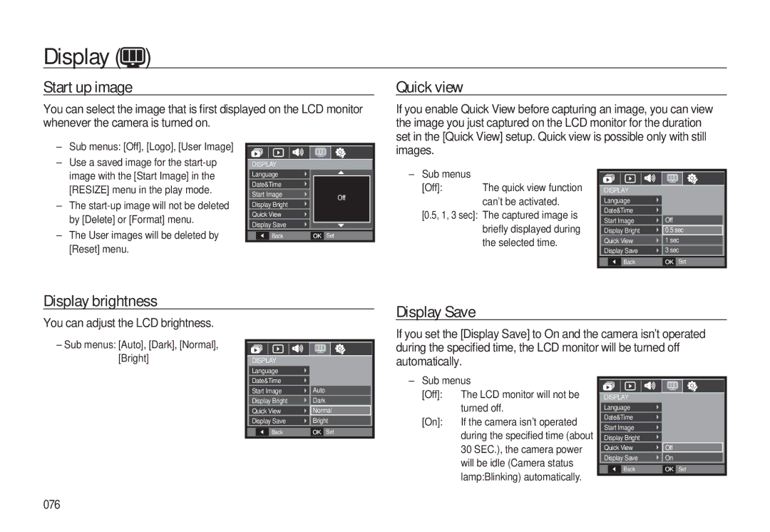 Samsung EC-L310WPBA/E2, EC-L310WNBA/FR, EC-L310WBBA/FR manual Start up image, Quick view, Display brightness, Display Save 