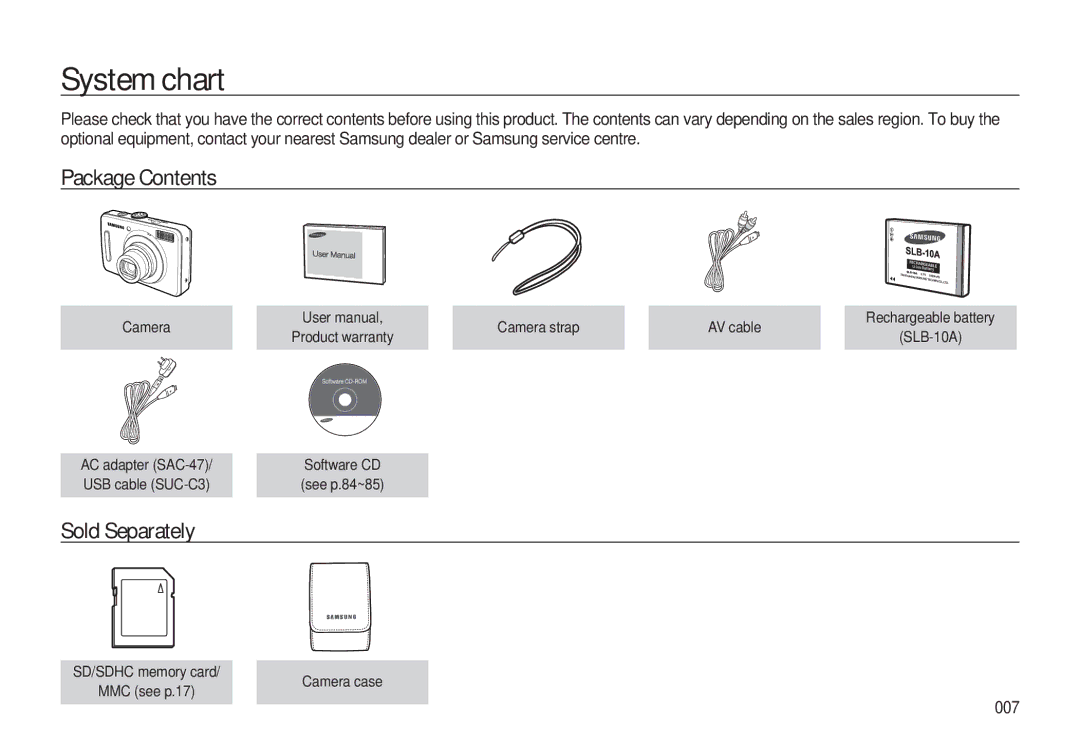 Samsung EC-L310WNBB/IT, EC-L310WNBA/FR, EC-L310WBBA/FR, EC-L310WSBA/FR manual System chart, Package Contents, Sold Separately 