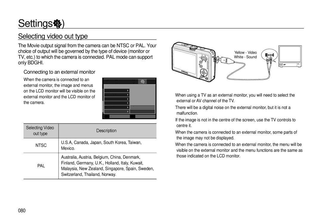 Samsung EC-L310WBBA/E1, EC-L310WNBA/FR, EC-L310WBBA/FR Selecting video out type, Connecting to an external monitor, 080 