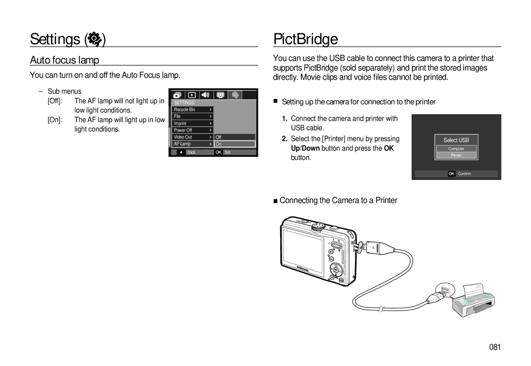 Samsung EC-L310WNBA/FR, EC-L310WBBA/FR manual PictBridge, Auto focus lamp, You can turn on and off the Auto Focus lamp 