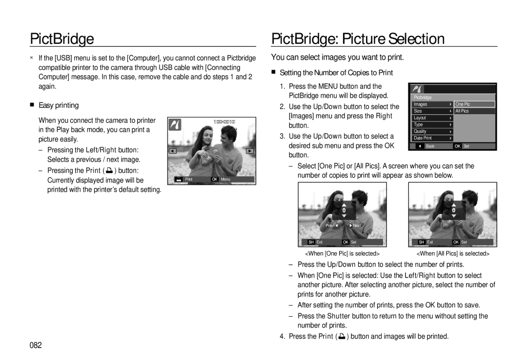 Samsung EC-L310WBBA/FR, EC-L310WNBA/FR, EC-L310WSBA/FR manual PictBridge PictBridge Picture Selection, Easy printing, 082 