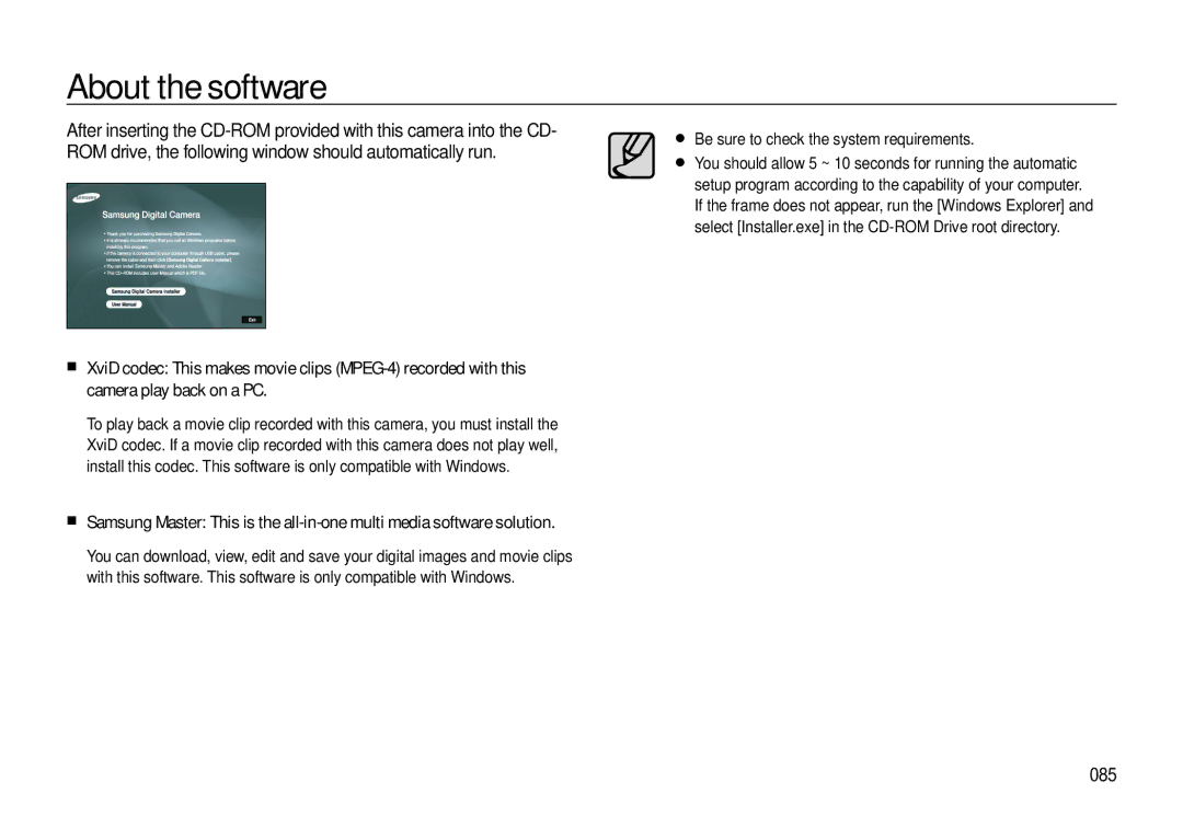 Samsung EC-L310WBBA/IT, EC-L310WNBA/FR, EC-L310WBBA/FR About the software, 085, Be sure to check the system requirements 