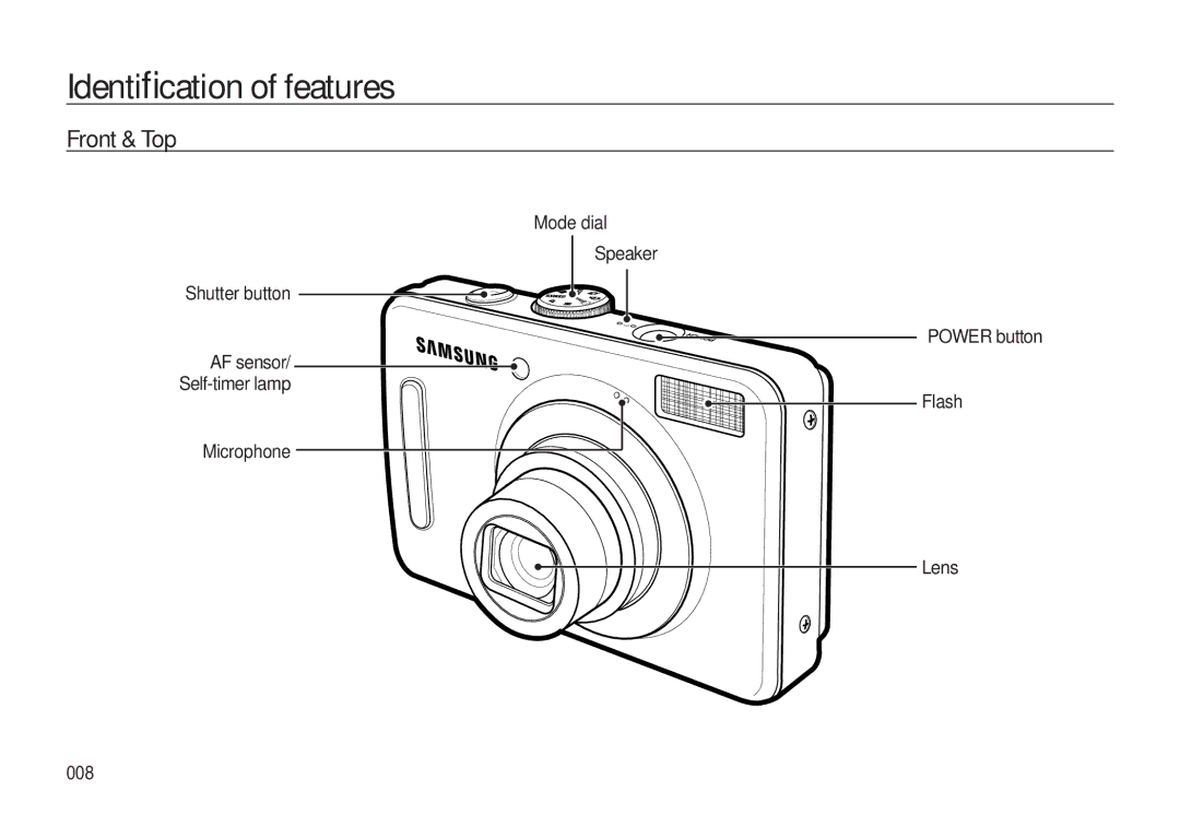 Samsung EC-L310WNBC/IT manual Identiﬁcation of features, Front & Top, Mode dial Shutter button, AF sensor/ Self-timer lamp 