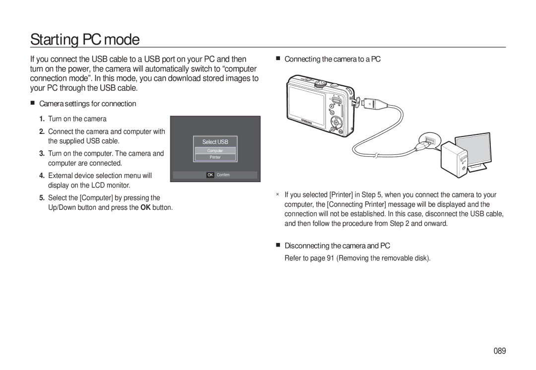 Samsung EC-L310WNBB/IT, EC-L310WNBA/FR, EC-L310WBBA/FR manual Starting PC mode, Disconnecting the camera and PC, 089 