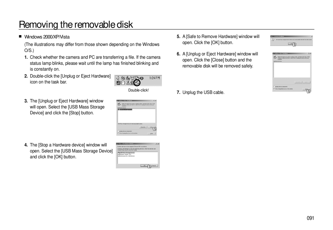 Samsung EC-L310WSBB/IT, EC-L310WNBA/FR manual Removing the removable disk, Windows 2000/XP/Vista, 091, Unplug the USB cable 