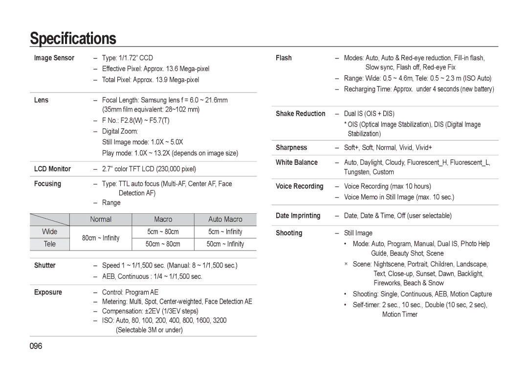 Samsung EC-L310WPBB/IT, EC-L310WNBA/FR, EC-L310WBBA/FR, EC-L310WSBA/FR, EC-L310WPBA/FR, EC-L310WBBA/IT manual Speciﬁcations, 096 