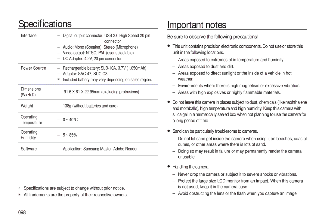 Samsung EC-L310WBBA/AS manual Important notes, Be sure to observe the following precautions, Handling the camera, 098 