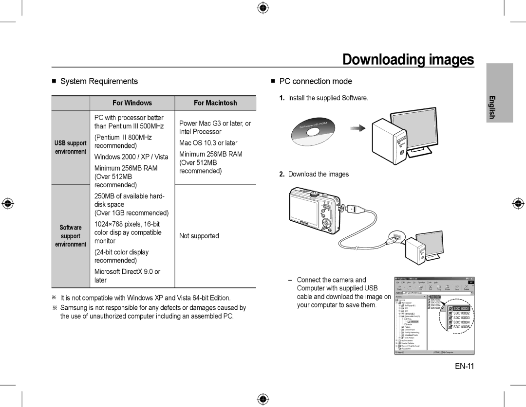 Samsung EC-L310WBBC/IT Downloading images,  System Requirements,  PC connection mode, EN-11, For Windows For Macintosh 