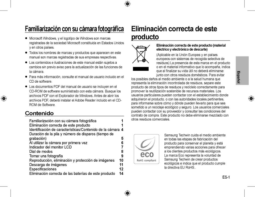 Samsung EC-L310WSBA/E1 manual Eliminación correcta de este producto, Contenido, Descarga de imágenes Especiﬁcaciones, ES-1 