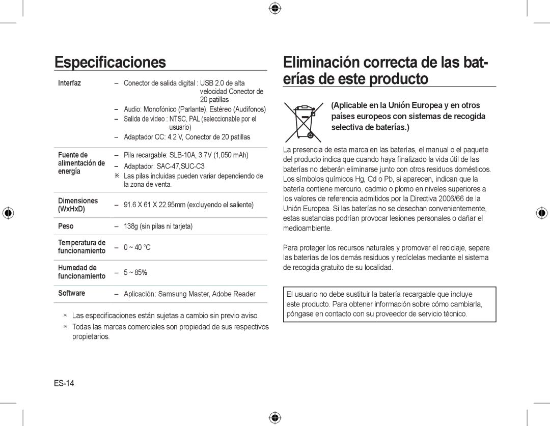 Samsung EC-L310WNBA/E2, EC-L310WNBA/FR, EC-L310WBBA/FR manual Eliminación correcta de las bat- erías de este producto, ES-14 