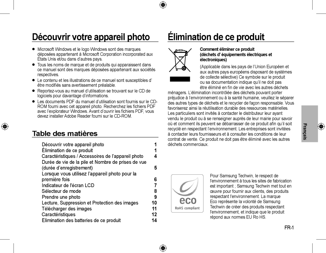 Samsung EC-L310WPBA/E2, EC-L310WNBA/FR manual Découvrir votre appareil photo, Élimination de ce produit, Table des matières 