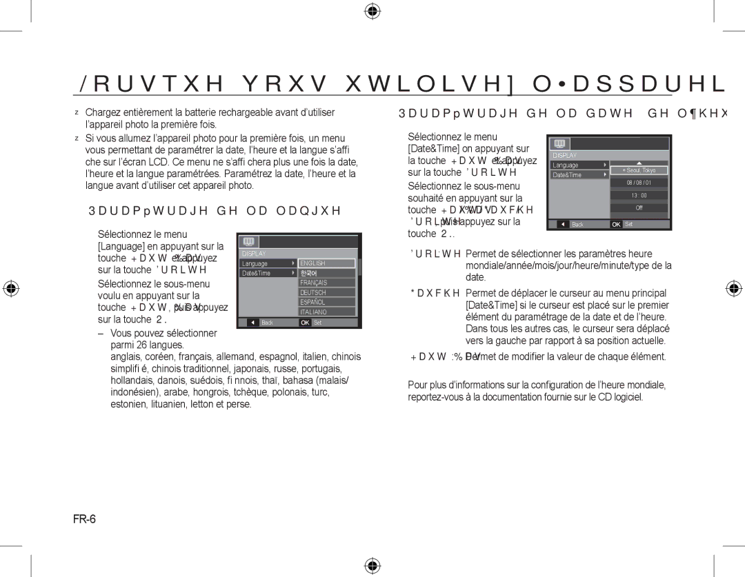 Samsung EC-L310WNBA/FR manual  Paramétrage de la date, de l’heure et du type de date,  Paramétrage de la langue, FR-6 