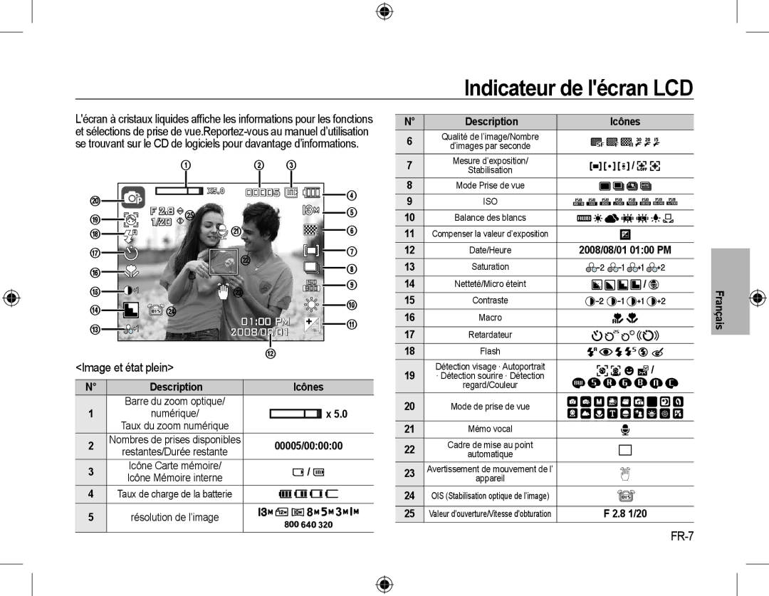 Samsung EC-L310WBBA/FR, EC-L310WNBA/FR, EC-L310WSBA/FR manual Indicateur de lécran LCD, Image et état plein, FR-7, Icônes 