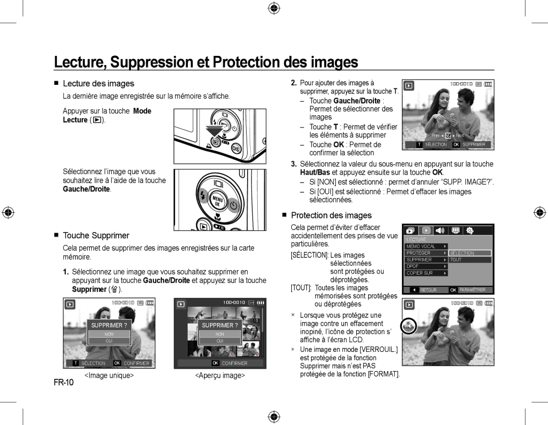 Samsung EC-L310WBBA/IT manual Lecture, Suppression et Protection des images,  Lecture des images, Touche Gauche/Droite 