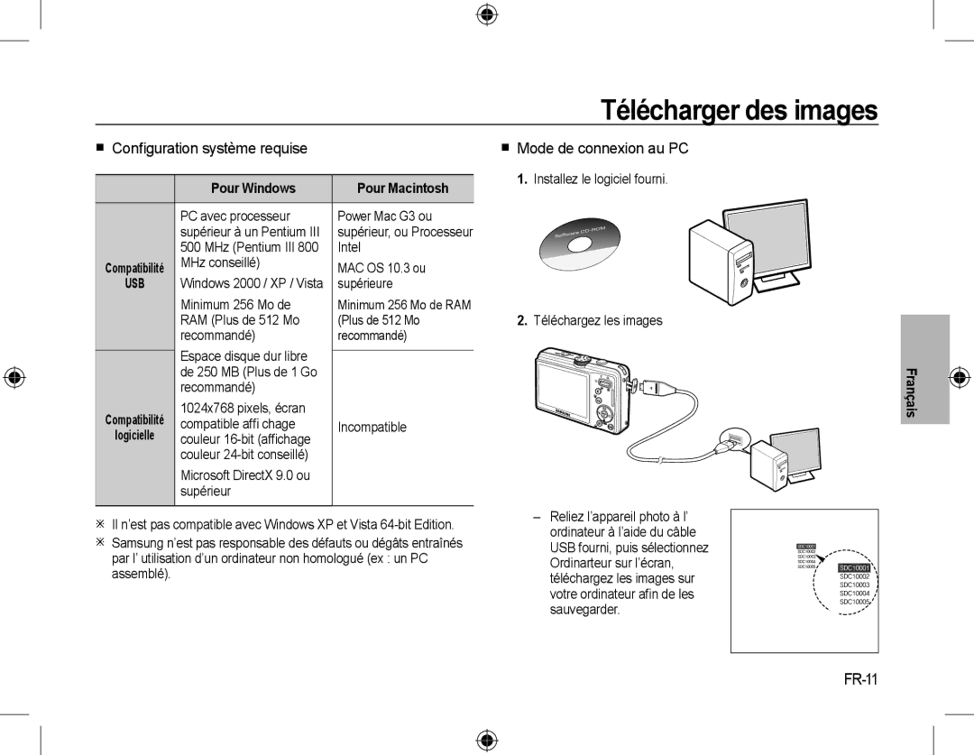 Samsung EC-L310WSBA/IT manual Télécharger des images,  Conﬁguration système requise,  Mode de connexion au PC, FR-11 