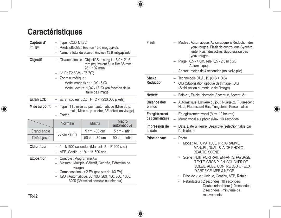 Samsung EC-L310WNBA/IT, EC-L310WNBA/FR, EC-L310WBBA/FR, EC-L310WSBA/FR, EC-L310WPBA/FR, EC-L310WBBA/IT Caractéristiques, FR-12 