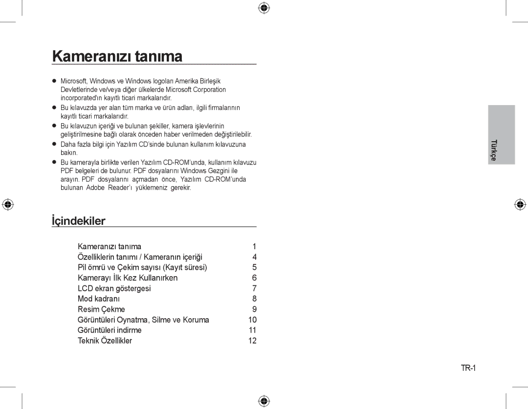 Samsung EC-L310WPBA/E2, EC-L310WNBA/FR, EC-L310WBBA/FR, EC-L310WSBA/FR manual Kameranızı tanıma, İçindekiler, TR-1, Türkçe 