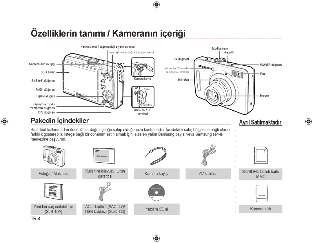 Samsung EC-L310WBBA/RU, EC-L310WNBA/FR, EC-L310WBBA/FR Özelliklerin tanımı / Kameranın içeriği, Pakedin İçindekiler, TR-4 